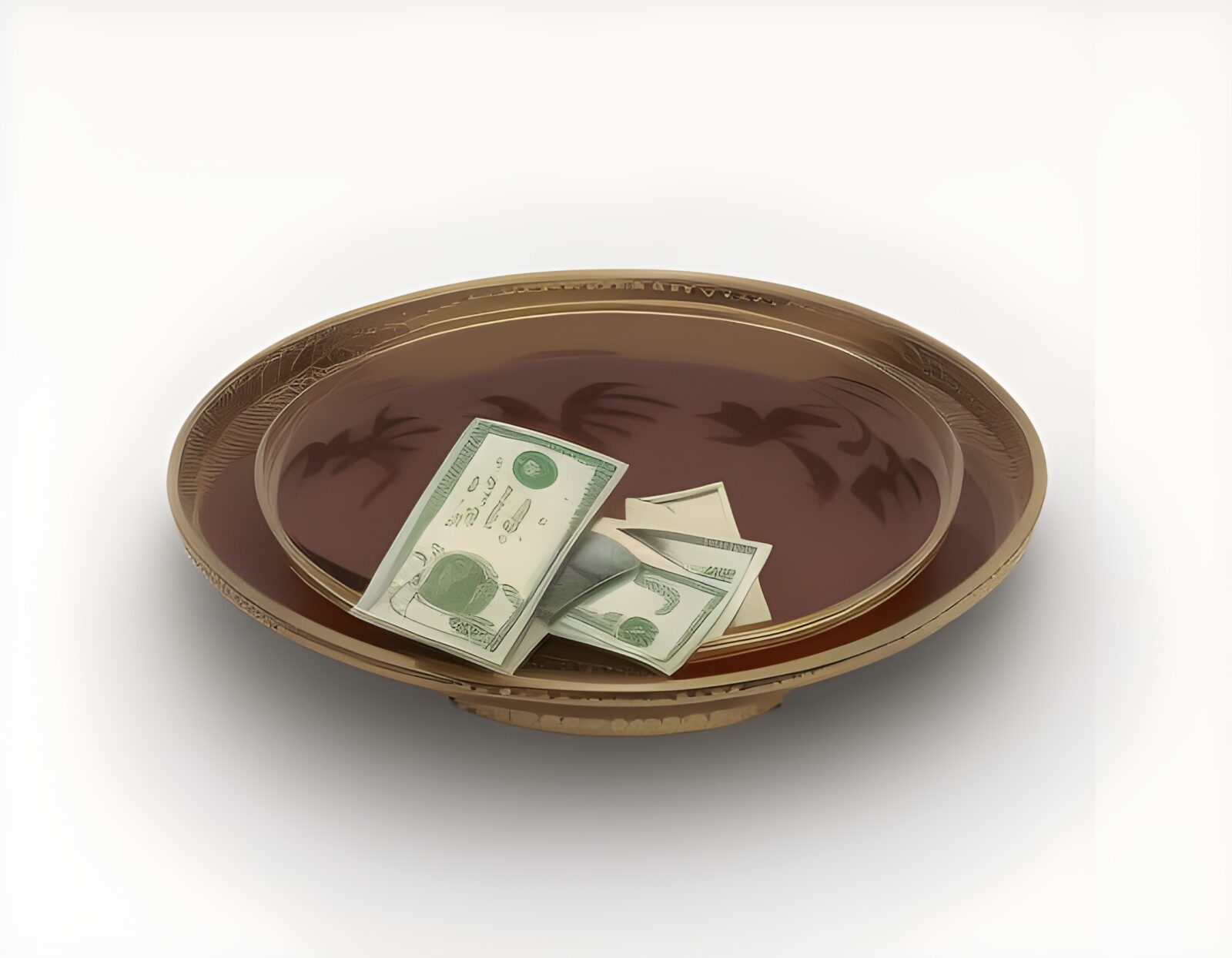 An offering plate with a few bills in it.